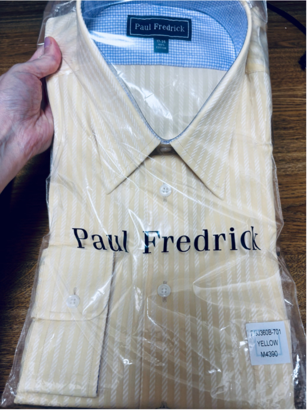 Men's Paul Fredrick Monogramed Dress Shirt Neck 17 Yellow Striped